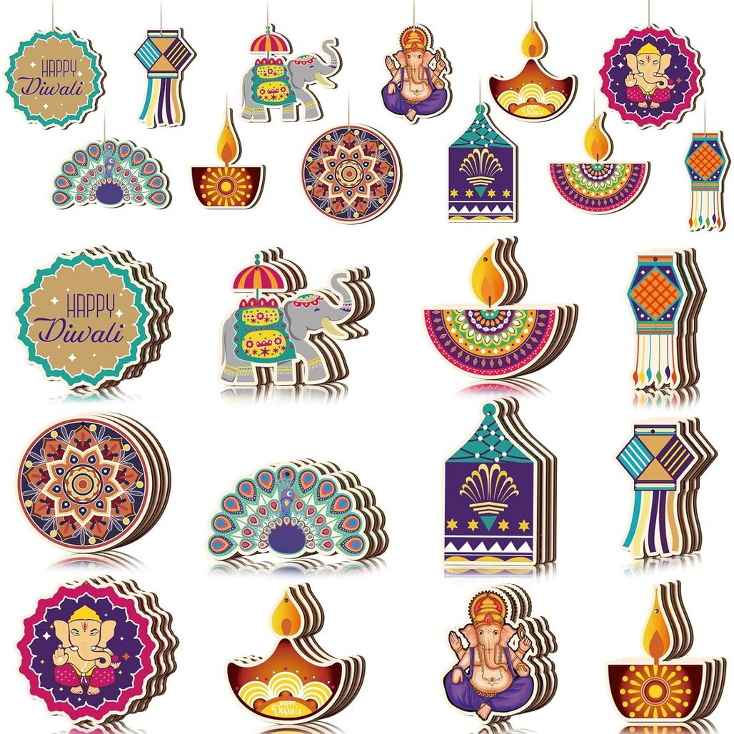 36 ชิ้น Happy Diwali ไม้แขวนเครื่องประดับตกแต่ง Indian Theme เทศกาลไฟ Party Decor Diwali Deepavali ไ