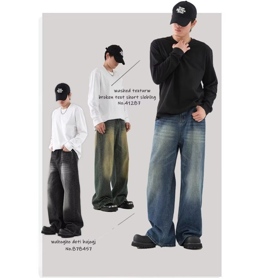 Baggy Jeans 10 สี กางเกงยีนส์ผู้ชายขากว้าง ไซลินไดรต์ พอดี คอปกปานกลางพอดีเก็บอย่างดี