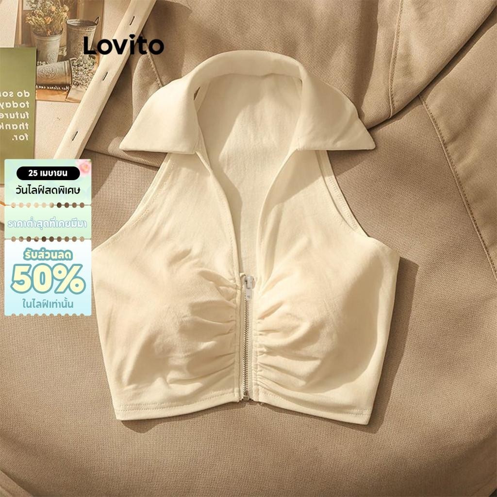 Lovito เสื้อกล้ามลําลองเสื้อกล้ามจับจีบซิปธรรมดาสําหรับผู้หญิง LNL41074