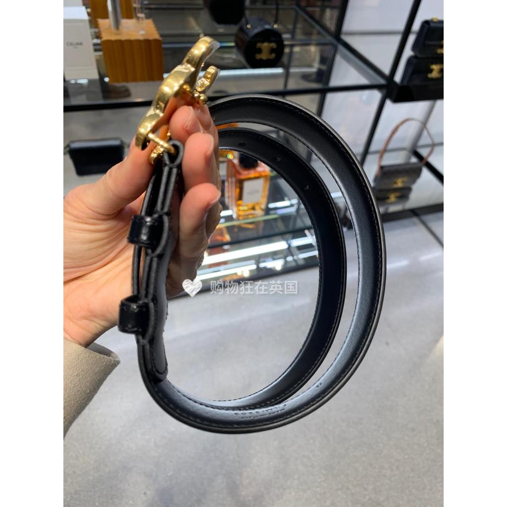 CELINE CELINE UK Daigou สไตล์ใหม่ ss23 สีดํา Small Arc de Triomphe Gold Buckle เข็มขัดหนังลูกวัวเข็ม