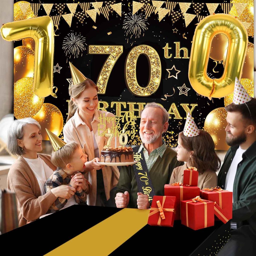 70th Birthday Decorations Men Women with 70th Birthday Banner, Black and Gold Table Cloth,Number Bal