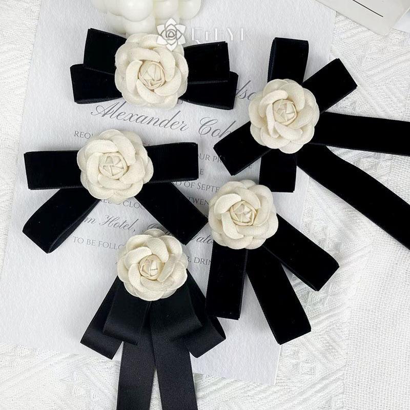 เข็มกลัดริบบิ้นโบว์และดอกไม้ Camellia สไตล์วินเทจ สีดำ สำหรับงานแต่งงานของผู้หญิง