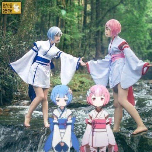 Ram Rem Juvenile Cosplay Kimono Loli เสื้อผ้าคอสเพลย์สำหรับผู้หญิงแบบเซ็ตเต็ม