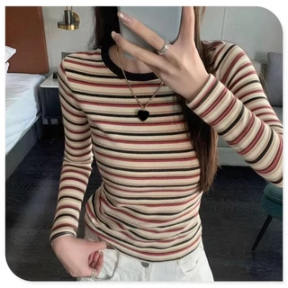 FASHION.61 เสื้อยืดเเขนยาว ลายทาง เนื้อผ้าดีผ้ายืด ขนาด S-2XL อก 32-40 นิ้ว รุ่น W7807