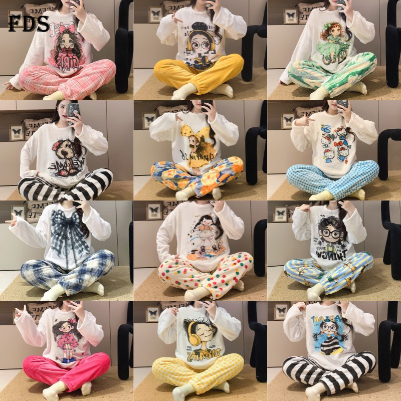 FDS รอบคอ Flannel Series ฤดูใบไม้ร่วงฤดูหนาวสุภาพสตรีการ์ตูนแขนยาวชุดนอนนักเรียนสาวน่ารักหลวม 3TNO D