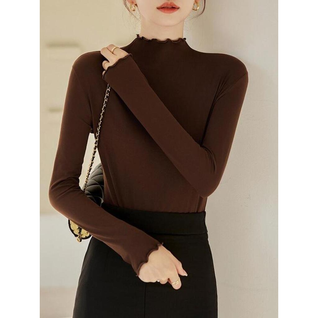 brown long sleeves fitted tops for women elegant t shirts