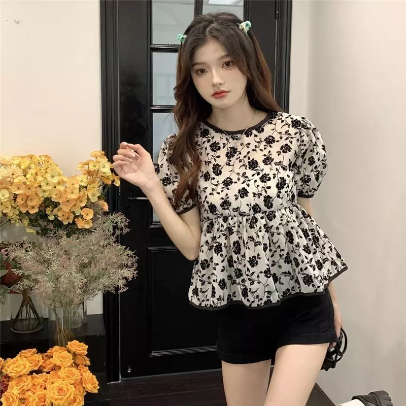 Chili Koko เสื้อเบลาส์แขนพอง ลายดอกไม้สไตล์ฝรั่งเศส ผูกหลัง W682 thumbnail 10