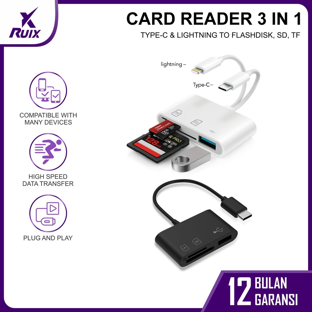 เครื่องอ่านการ์ด 3in1 OTG HUB Micro USB และ Type C - Lightning - USB Flashdisk - การ์ด SD - การ์ด Mi