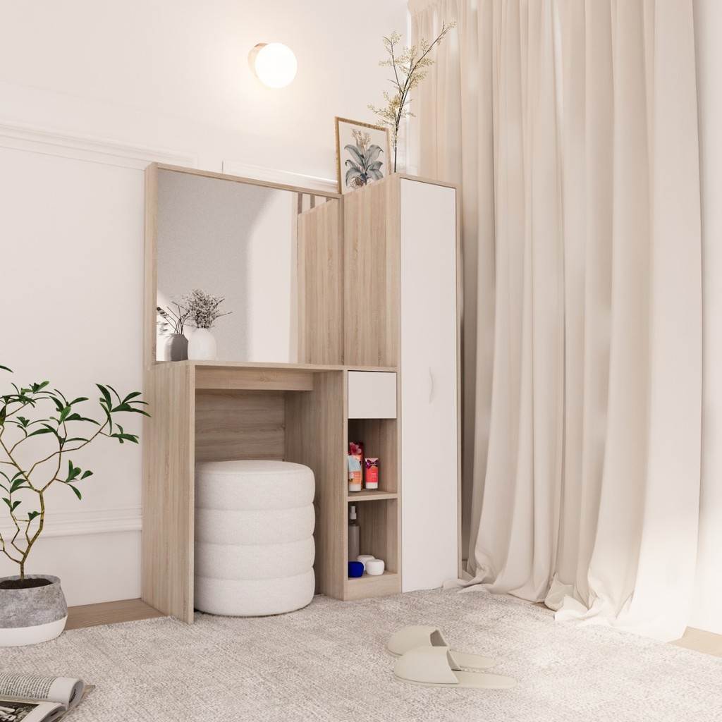 Looms โต๊ะเครื่องแป้ง รุ่น PHILANA + สตูลเก็บของ รุ่น DINIE  แบรนด์ LOOMS