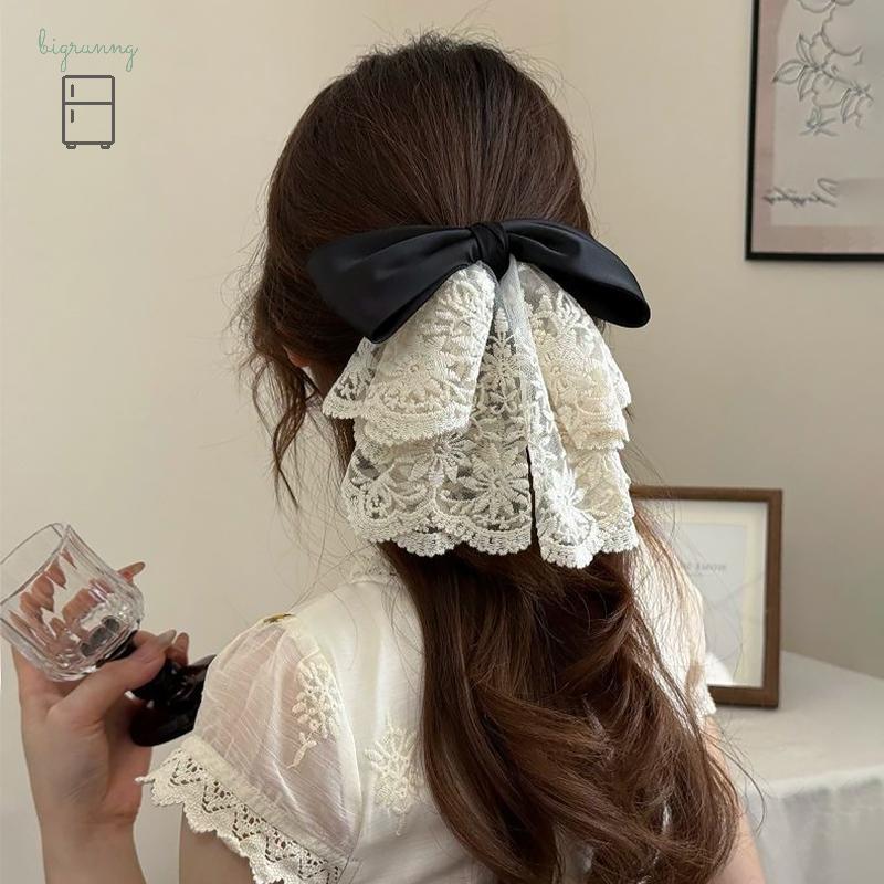 [bigrunng] ลูกไม้ฝรั่งเศสโบว์หางม้าคลิปหวานโบฮีเมียวันหยุดสไตล์กิ๊บอุปกรณ์ผม สจ - รูปที่ 3