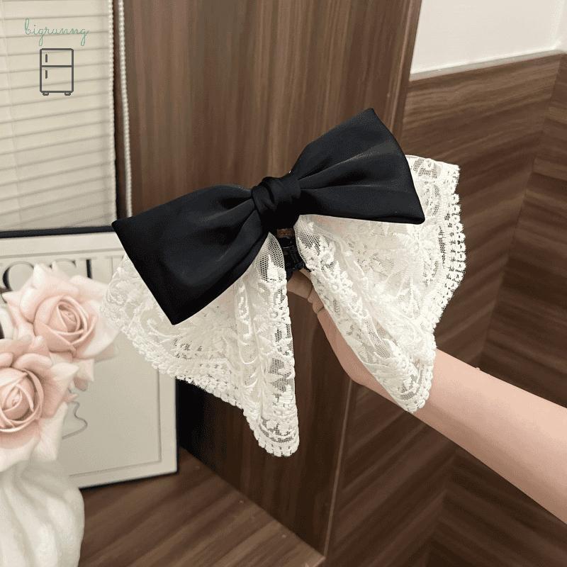 [bigrunng] ลูกไม้ฝรั่งเศสโบว์หางม้าคลิปหวานโบฮีเมียวันหยุดสไตล์กิ๊บอุปกรณ์ผม สจ - รูปที่ 4