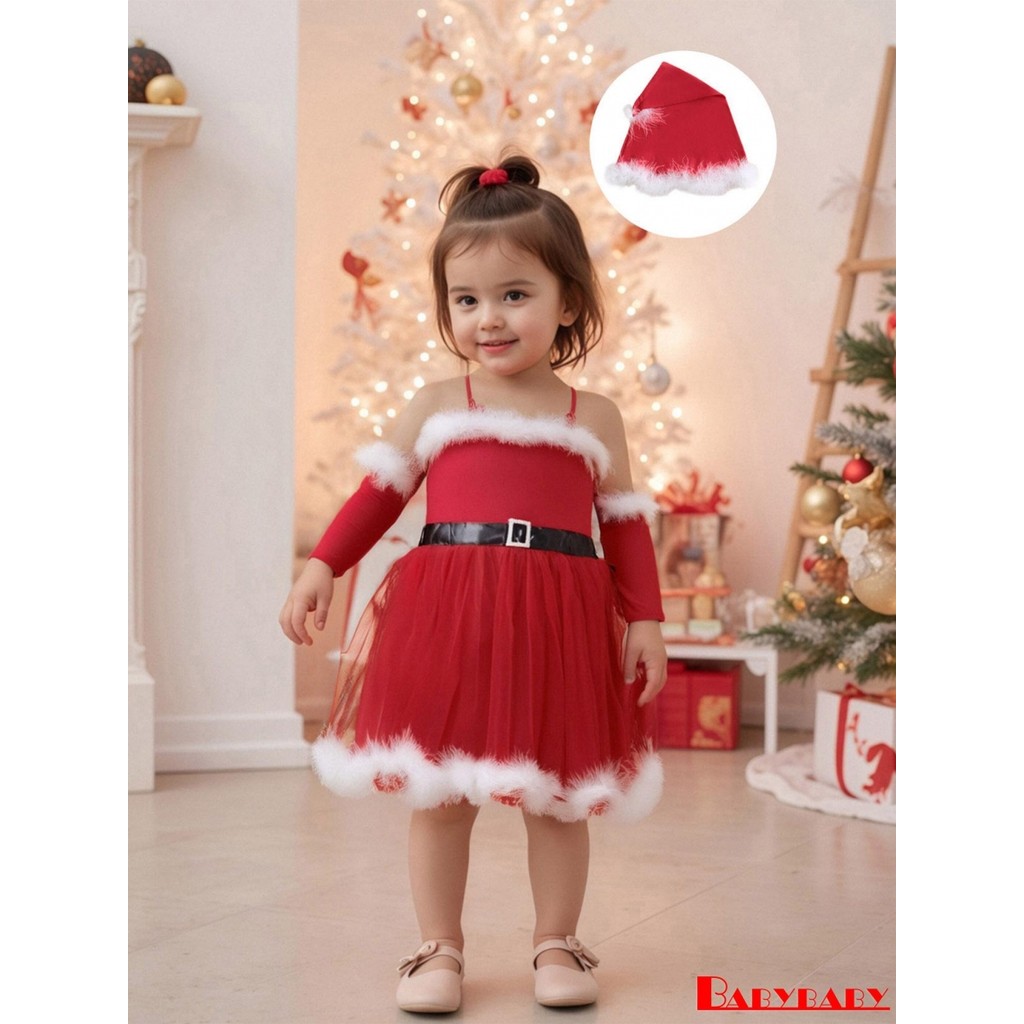 ชุดคริสต์มาสสำหรับเด็กหญิง ดีไซน์เดรสตุลล์ spaghetti strap มี fuzzy trim มาพร้อมหมวกซานตาและปลอกแขน