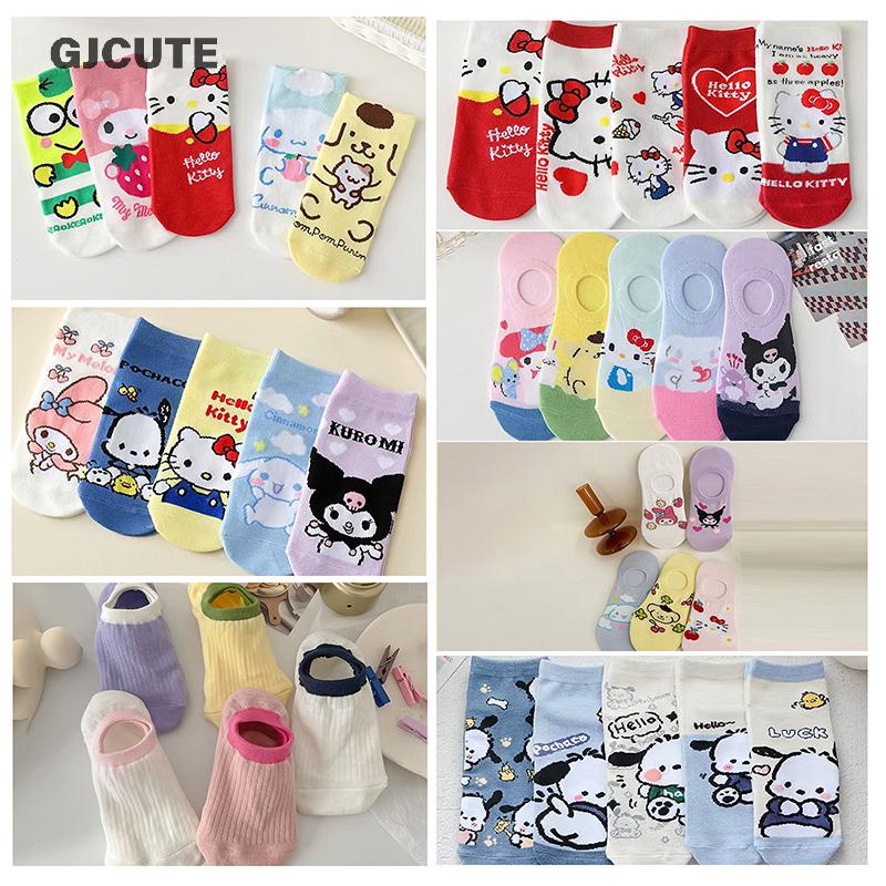 ถุงเท้า Hello Kitty 5 คู่ สไตล์อนิเมะ Harajuku สำหรับผู้หญิง ทำจากผ้าฝ้ายนุ่ม