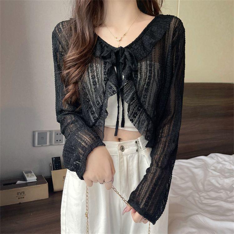 เสื้อคาร์ดิแกนลูกไม้สั้นสำหรับผู้หญิง พร้อมผ้าคลุมไหล่บางเบา สไตล์กันแดด - รูปที่ 4