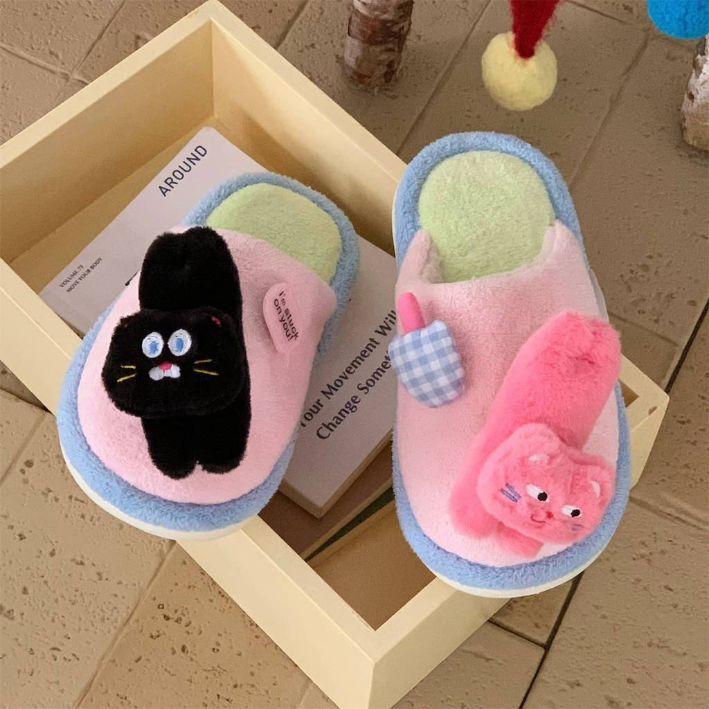 XIXITIAO รองเท้าแตะผ้าฝ้าย สำหรับผู้ชายและผู้หญิง รูปแมวน่ารัก ปิดหน้าเท้า ใส่ใน