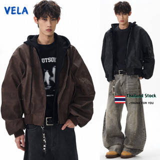 Vela-แจ็คเก็ตผู้ชาย อเมริกันปลอมสองชิ้น สีน้ำตาลและสีดำ ฤดูใ…