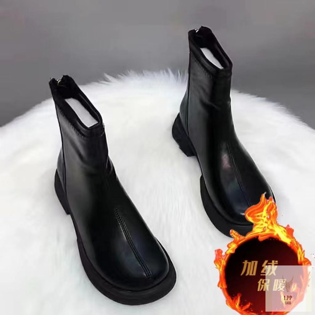 Martin Boots Women Autumn All-Match French Short Boots Fleece Cotton Mid-Tube Chelsea Boots