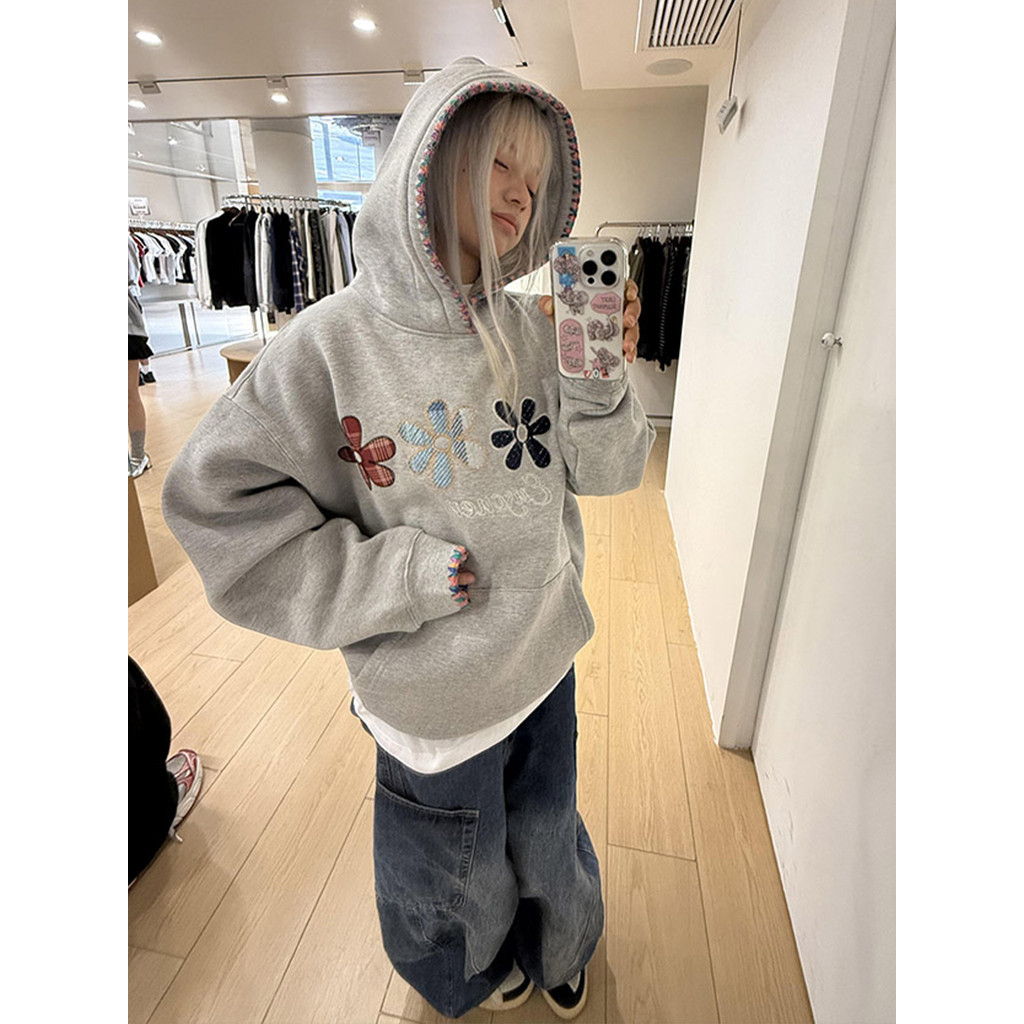 COD（จัดส่งภายใน 24 ชั่วโมง）BOOM เสื้อกันหนาว มีฮู้ด ลายดอกไม้ ทรงหลวม ขนาดใหญ่ แขนยาว สไตล์เกาหลี สำ