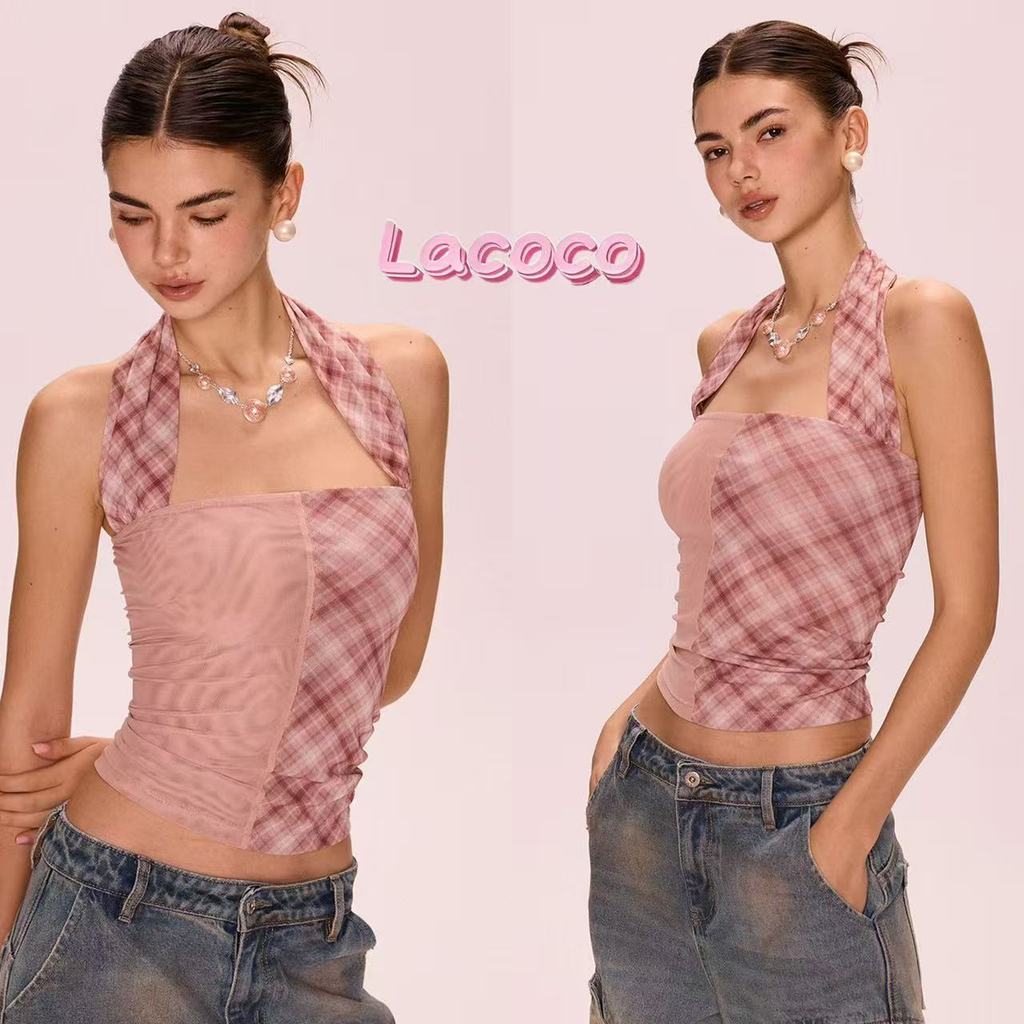 Lacoco🍓คลังสินค้าพร้อม🍓เสื้อกล้ามคอฮอลเตอร์ลายสก็อตสีชมพูสำหรับผู้หญิง - ดีไซน์ไม่ซ้ำใคร