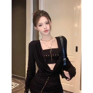 Vogue🌟พร้อมส่ง🌟 เสื้อแขนยาว+เกาะอก สีดำน้ำตาล สไตล์เกาหลี (FY5040)