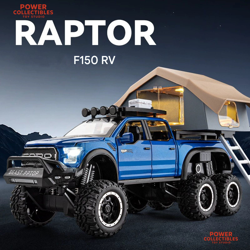 ของขวัญเด็กFord Raptor F150 RV รถบรรทุกรุ่นโลหะผสม - Blue Off-Road Pickup Camper, Collectible Advent