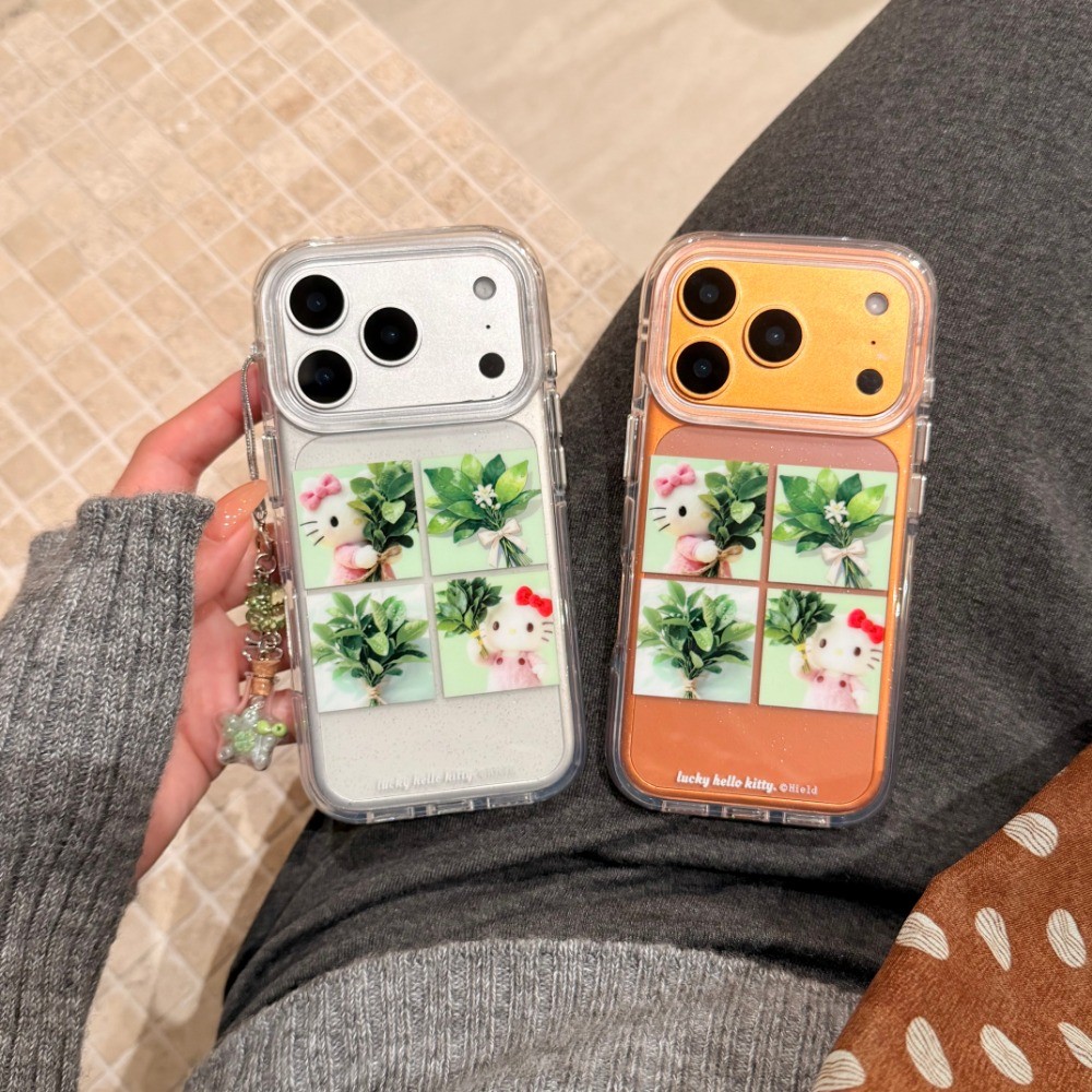 ฝาหลังสําหรับ IPhone 13 14 15 16 Pro Max 17 Pro กรณี IMD Glittler Pomelo ใบดอกไม้ Hello Kitty จี้กัน