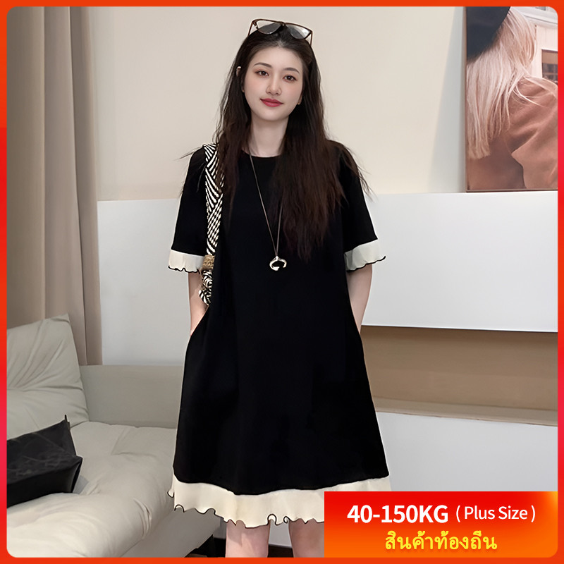 เดรสขนาดใหญ่ [Oversize Dress] (40-150kg) ผู้หญิง ฤดูร้อน สีดำ ลูกไม้ ตัดแต่ง เดรสทรงเอ แม็กซี่ เรียบหรู ทรงหลวม ชุดลำลอง
