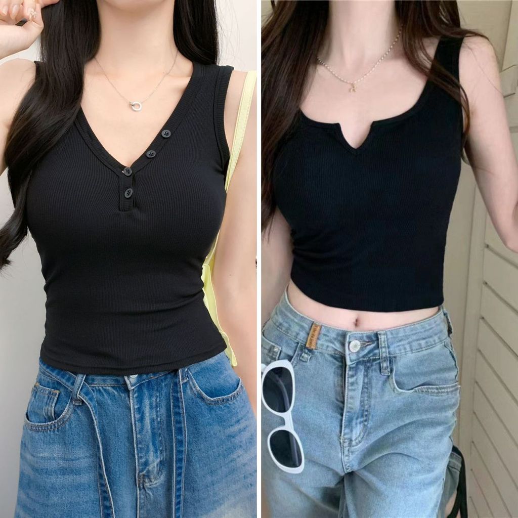 Comicbra รวมเสื้อสายเดี่ยวสีดำ อก28-36 มีฟองน้ำ กระดุม คอวี ตัวยาว ผ้านุ่ม ใส่สบาย สไตล์เกาหลี ผู้หญิง เสื้อผ้า