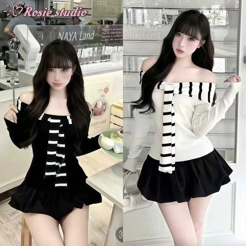 Rosie🖤พร้อมส่ง🎧เสื้อปาดไหล่แขนยาวผู้หญิงแต่งเซื่อกผูกลายทาง เสื้อครอปทรงเข้ารูปสไตล์ลำลองแฟชั่นY2Kดีไซน์เรียบหรูดูแพง