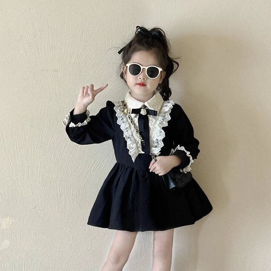Donnie Baby ชุดเดรสวินเทจแขนยาวสไตล์เฮปเบิร์นสีดำสำหรับเด็กผู้หญิงฤดูใบไม้ร่วงใหม่ชุดเจ้าหญิงลูกไม้โบว์