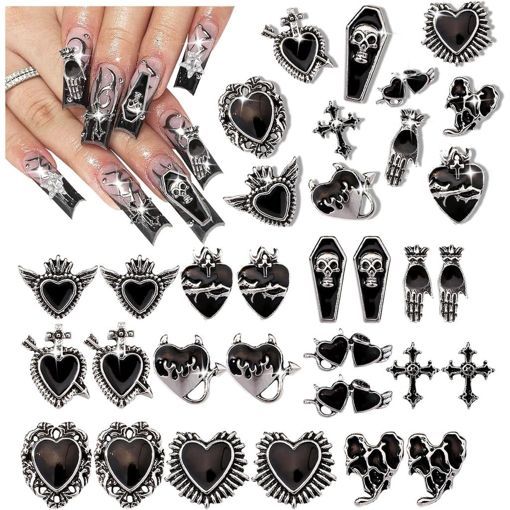 Y2K 3D Chrome Gem Nail Charms - Black Gothic Set with Cross, Heart, Tombstone, Red & Retro Designs -