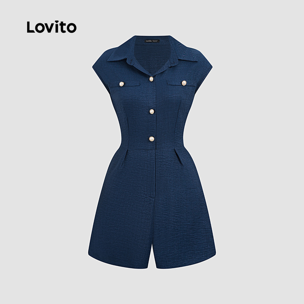 Lovito จั๊มสูทผู้หญิง สไตล์ลําลอง สีน้ําเงินเข้ม มีกระเป๋าปลอม สําหรับฤดูใบไม้ผลิ ฤดูร้อน L157ED184 - รูปที่ 2