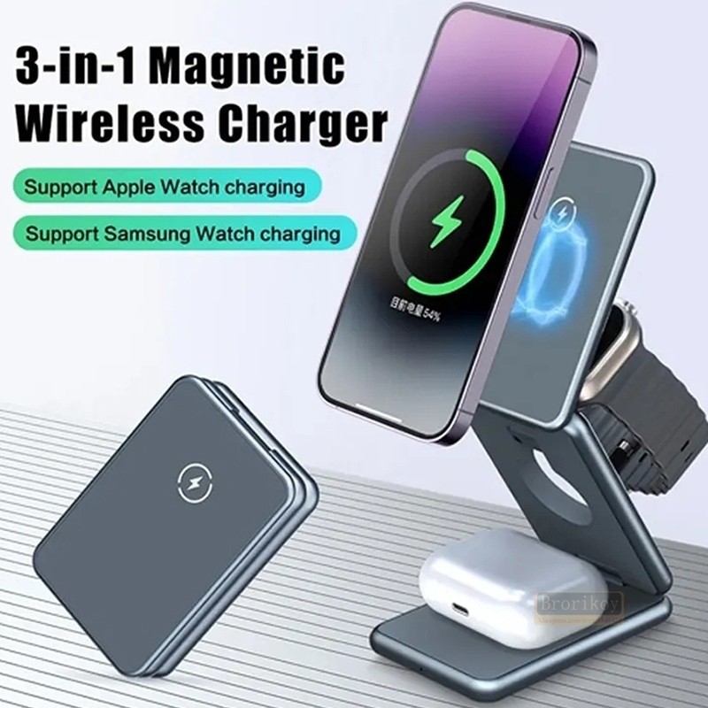 15W Magnetic Charger 3 in 1 Foldable Stand For Phone 16 15 14 13 12 Pro Watch Samsung S24 Fast Charg