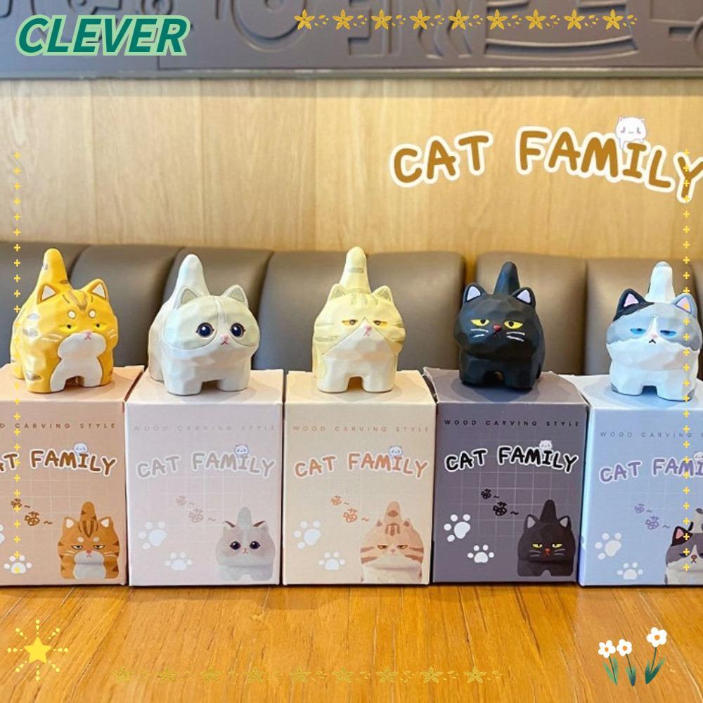 CLEVER Cat Model ตุ๊กตาตกแต่ง, รุ่น Q เรซิ่น Cat อะนิเมะ, ของเล่นลูกแมวน่ารัก Cat Family Car Ornamen