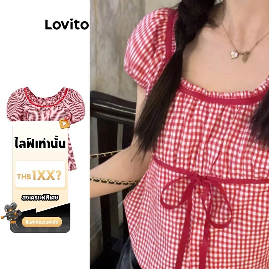 (LIVE STREAM SALE) Lovito เสื้อเบลาส์ผู้หญิง ลายสก๊อต โบว์หน้า คัลเลอร์บล็อก สไตล์โบโฮ L95ED216