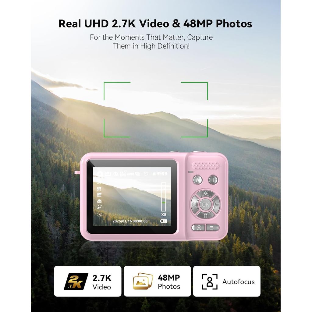 Digital Camera, Real 2.7K Dual-Screen Digital Camera for Photography Auto-Focus Vlogging Camera for 