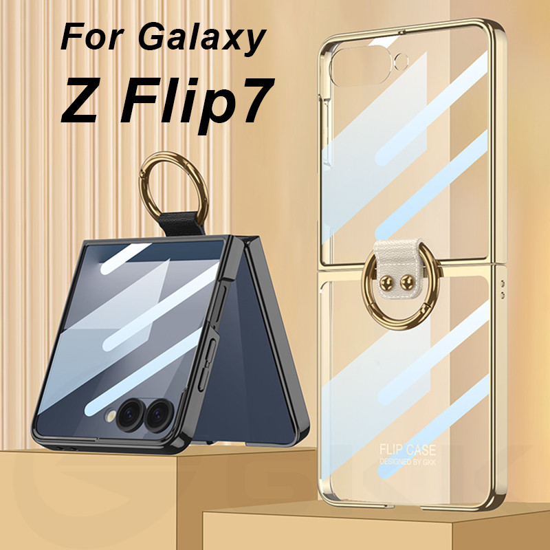 LUKEN กรณีต้นฉบับสําหรับ Samsung Galaxy Z Flip 7 6 LUKEN ชุบหน้าจอแก้วผู้ถือแหวนฝาครอบพลาสติกสําหรับ