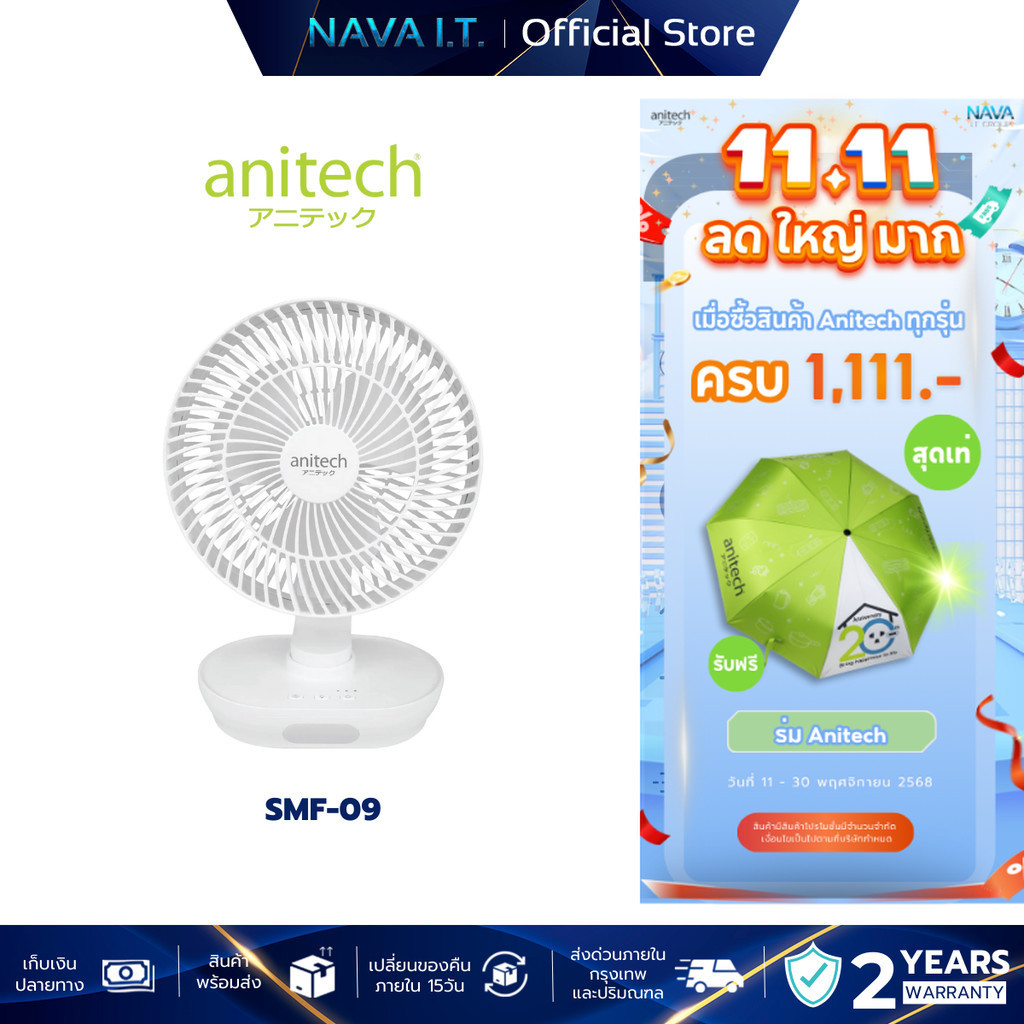 ANITECH พัดลมชาร์จไฟ รุ่น SMF-09 WHITE พัดลมชาร์จไฟ ปรับระดับแรงลมได้ 3 ระดับ