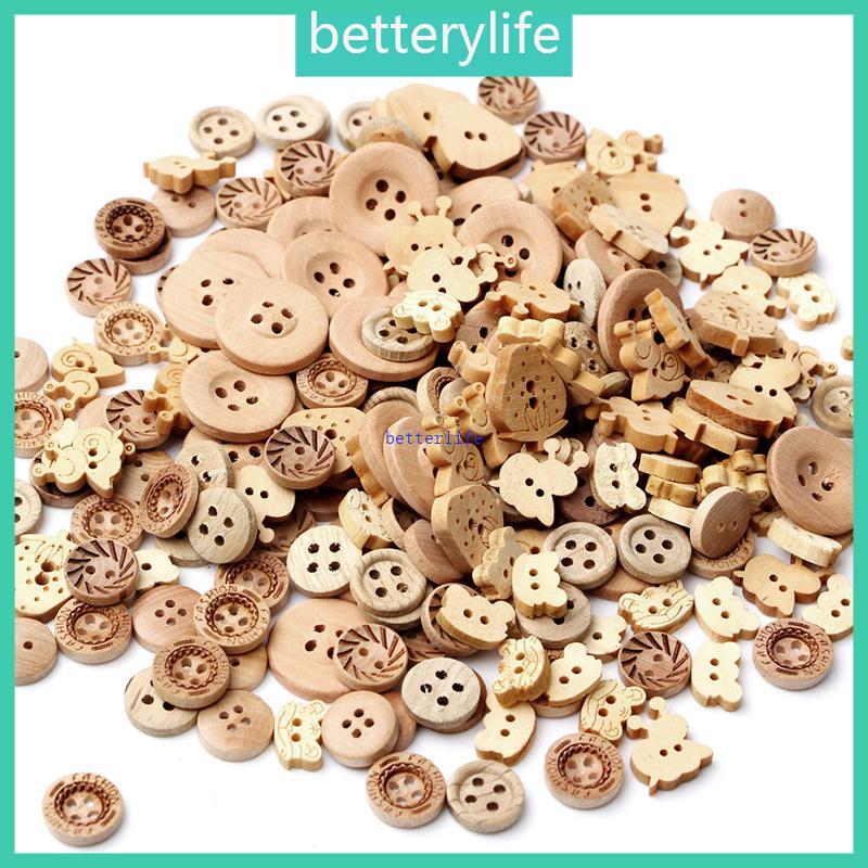 BTF 100ชิ้นผสมรูปร่าง2หลุมปุ่มเย็บลายสีธรรมชาติ