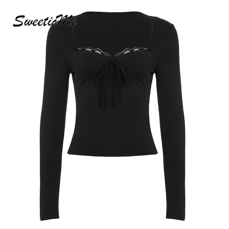 SweeticMe เสื้อสตรีแขนยาว แฟชั่นใหม่ 2025 คอสี่เหลี่ยมและเชือกลาก สไตล์สตรีทสำหรับวันสบาย