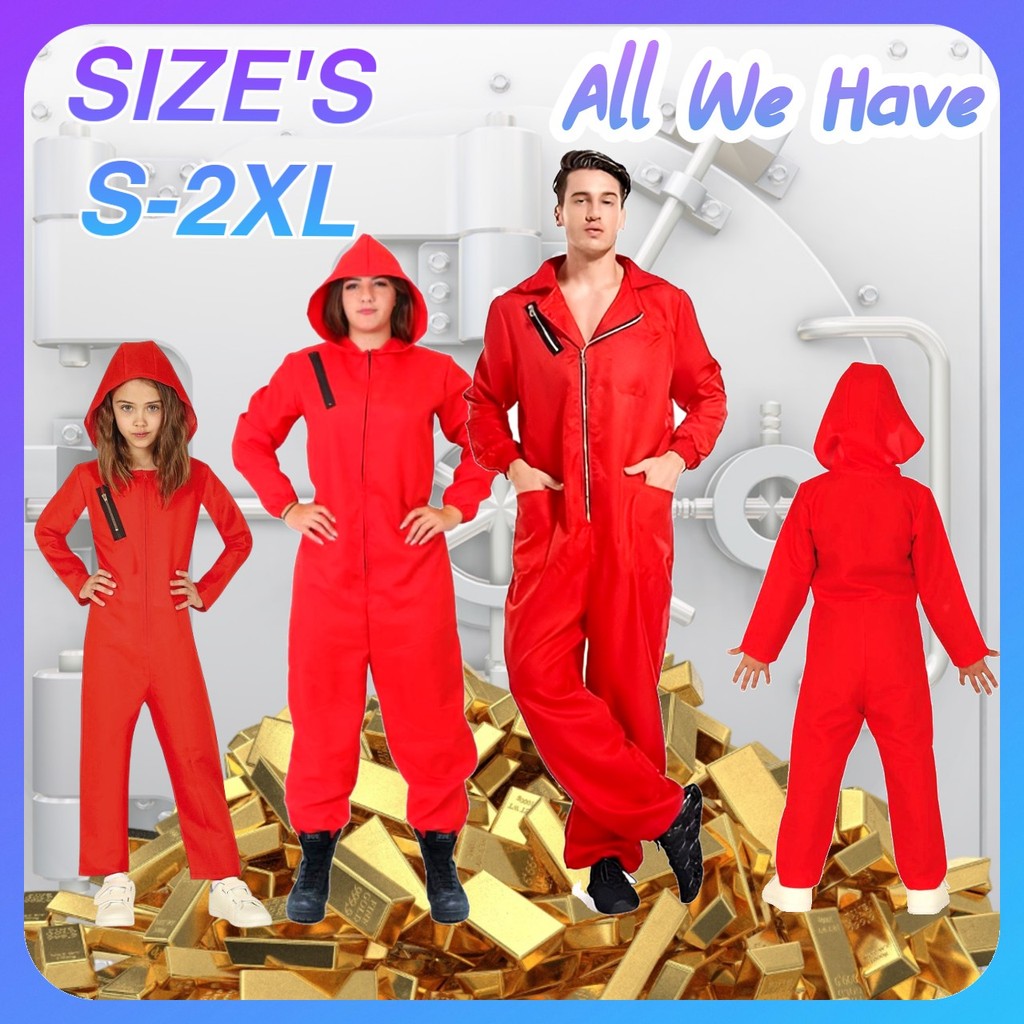 (ฟรีหน้ากาก) AWH Unisex ผู้ใหญ่เด็ก Heist คอสเพลย์เครื่องแต่งกายพร้อมหน้ากากใบหน้าสีแดงจัมเปอร์ชุด K