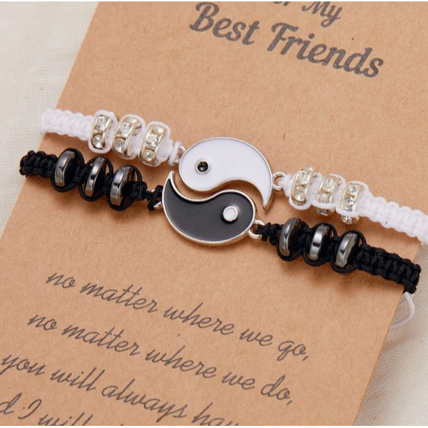 [ลดล้างสต็อก]Chuya No Card Black White Bead Yin Yang Rhinestone Couple Bracelet Set, Best Friend.