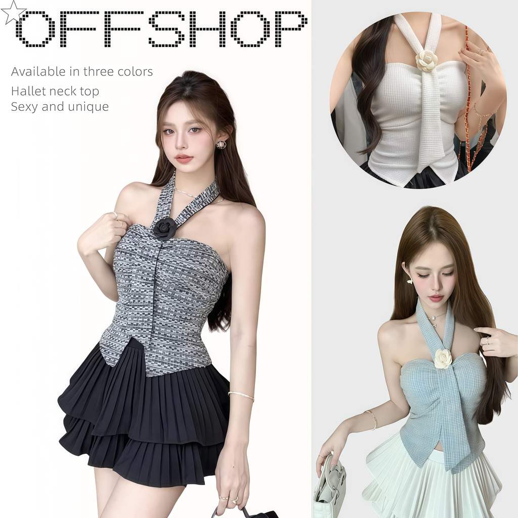 OFF SHOP 🥻ใหม่ 2025 เสื้อเกาะอก มีฟองน้ำ สีพื้น เพิ่มสายคล้องคอแต่งดอกไม้ เสื้อ เซ็กซี่และสง่างาม' F
