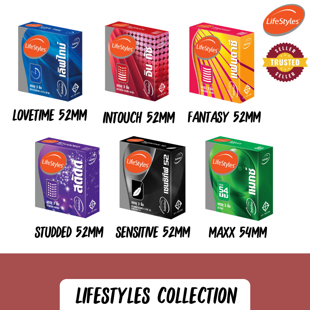 ถุงยางอนามัย Lifestyles lovetime 52mm, Intouch 52mm, fantasy 52mm, studded 52mm, sensitive 52mm, maxx 54mm 1กล่อง 3 ชิ้น