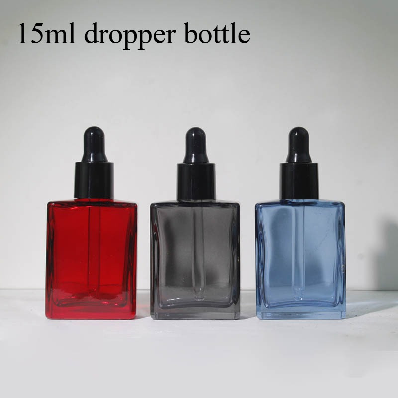 15ML ขวดหยดแก้วสี่เหลี่ยมแบนเปล่าน้ํามันหอมระเหยเซรั่มน้ําหอม Vials สําหรับเดินทางรีฟิล