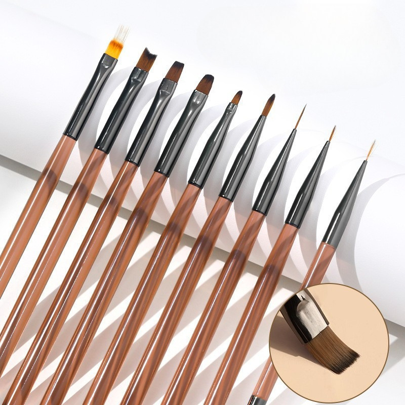 พู่กันทาเล็บ แปรงทำเล็บ ด้ามอะคริลิกใสสีชา (Acrylic Nail Brush Set) มี 10 แบบ -NT nail