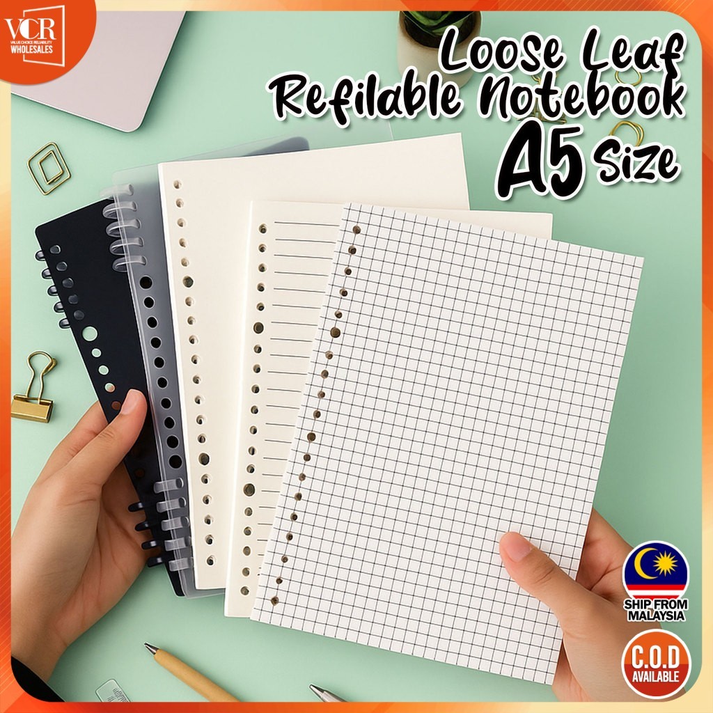 VCR A5 Minimalist A5 สมุดโน๊ตใบหลวมเติมตารางเรียงรายกระดาษเปล่าสีดําสีขาวปก Planner Journal