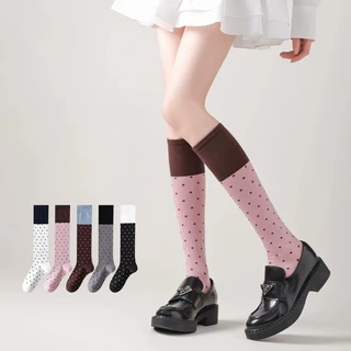 ถุงเท้ายาวสไตล์เกาหลี ลายจุด สีจับคู่ จากผ้าฝ้าย สำหรับสาวหวาน