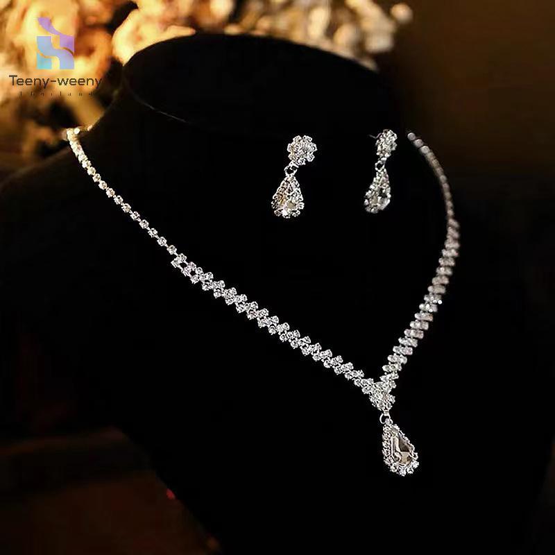 ชุดสร้อยคอมากกว่า 3PCS และต่างหูคริสตัล Rhinestone แบบ Water Drop เจ้าสาวและของขวัญ