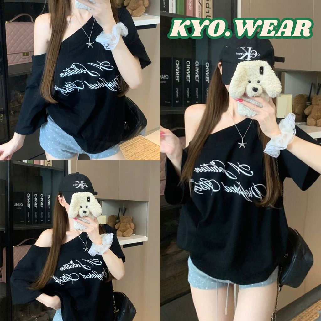 KYO 🌸 เกาหลีสไตล์ เสื้อปาดไหล่ ผู้หญิง พิมพ์ลาย "Special topic" OVERSIZE ผ้าCOTTON โคตรนุ่ม เสือใส่สบาย【COD】